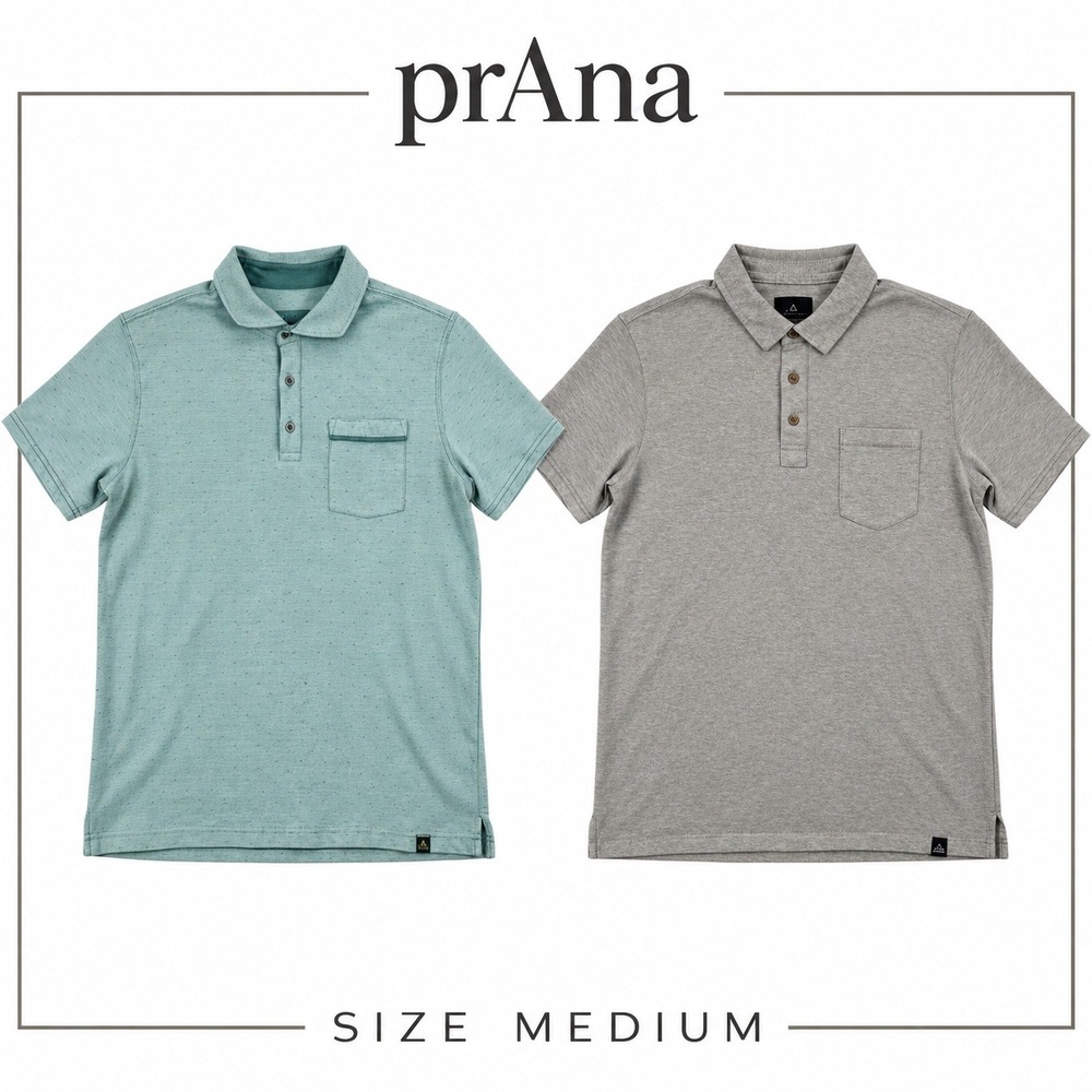 prAna Polo Shirt Mens M Gray Green Lot of 2 Short Sleeve Pocket Outdoor Gorpcore
